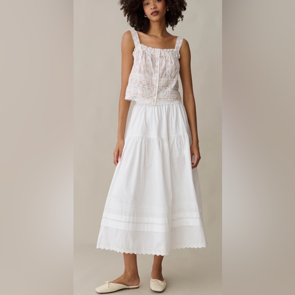 White Cotton Tiered Midi Skirt